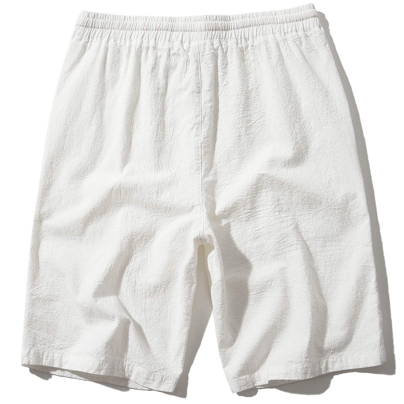 SIR7 Men's Linen Casual Classic Fit 11 Inch Inseam Elastic Waist Shorts with Drawstring White Large - Image 2